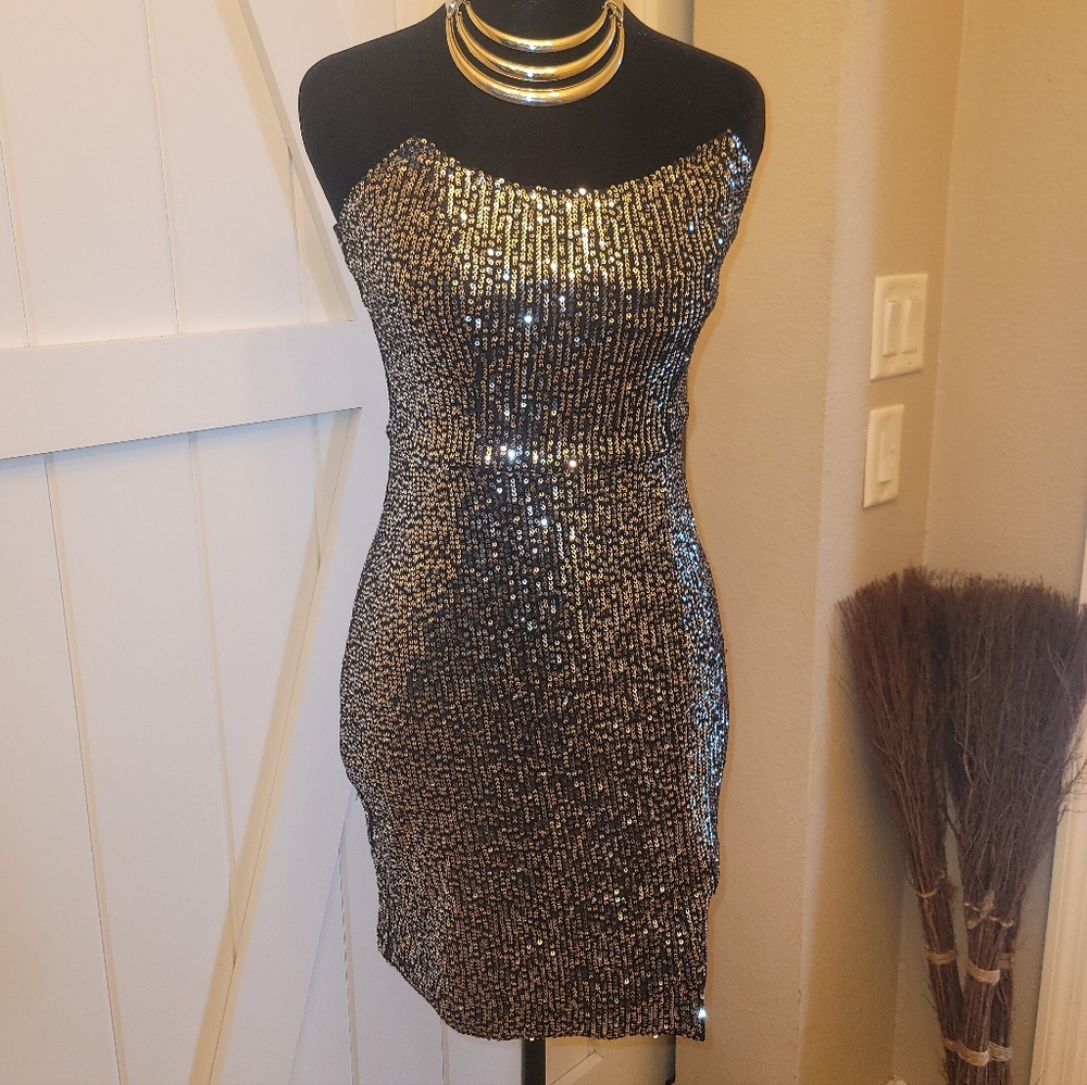 Glamorous Strapless Black and Silver Sequin Dress